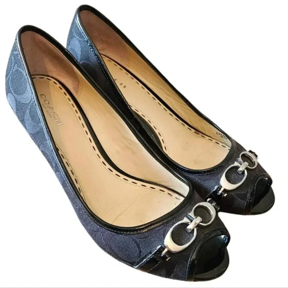 Coach Monogram Wedge Canvas Black Heel Shoes Size 8 Black. - Picture 7 of 12